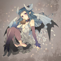Rule 34 | 1girl, ashi, black thighhighs, blue hair, candy, chocolate, chocolate heart, choker, crossed legs, demon girl, demon wings, elbow gloves, fingerless gloves, food, gloves, heart, horns, long hair, looking at viewer, nail polish, original, pointy ears, red eyes, sitting, solo, star (symbol), thighhighs, wings