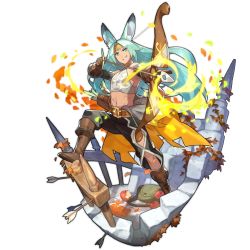 Rule 34 | 1boy, animal ears, apple, arrow (projectile), bare shoulders, bitten apple, blue eyes, boots, bow, bow (weapon), charging (attack), detached sleeves, dragalia lost, drawing bow, falling leaves, food, food bite, fruit, full body, gloves, headband, holding, holding bow (weapon), holding weapon, leaf, leaning forward, long hair, luca (dragalia lost), non-web source, official art, pouch, powering up, rabbit ears, saitou naoki, smile, transparent background, weapon