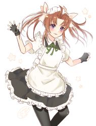 Rule 34 | 1girl, adapted costume, ahoge, alternate costume, apron, black dress, black gloves, black pantyhose, brown hair, dress, enmaided, feet out of frame, fingerless gloves, frilled apron, frilled dress, frills, gloves, hair ribbon, ittokyu, kagerou (kancolle), kagerou kai ni (kancolle), kantai collection, long hair, maid, maid headdress, pantyhose, purple eyes, ribbon, shirt, short sleeves, solo, twintails, white apron, white background, white ribbon, white shirt