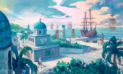 Rule 34 | 6+others, architecture, boat, box, bush, cloud, commentary, crane (machine), cross, day, dock, english commentary, frigate, full body, helmet, highres, holding, holding shield, holding sword, holding weapon, horizon, house, in-universe location, jetty, kauedaiprai, multiple others, ocean, outdoors, palm tree, pier, ragnarok online, rowboat, sailboat, scenery, shield, ship, signature, sky, stairs, standing, sword, town, tree, very wide shot, water, watercraft, weapon, wide shot
