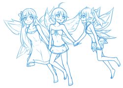Rule 34 | 3girls, :d, ahoge, bandeau, bare arms, bare legs, bare shoulders, barefoot, blue theme, collarbone, dress, eyes visible through hair, fairy, fairy wings, flat chest, hair ribbon, holding hands, lilli (rabi-ribi), lineart, long hair, looking at another, monochrome, multiple girls, navel, open mouth, pixie (rabi-ribi), pointy ears, rabi-ribi, ribbon, ribbon (rabi-ribi), short hair, simple background, skirt, sleeveless, sleeveless dress, smile, speckticuls, stomach, strapless, twintails, very long hair, white background, wings