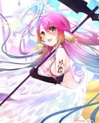 Rule 34 | 1girl, angel wings, artist request, bad id, bad pixiv id, blush, breasts, commentary request, spiked halo, crop top, cross, feathered wings, feathers, gloves, gradient eyes, gradient hair, halo, holding, holding scythe, holding weapon, jibril (no game no life), large breasts, long hair, low wings, magic circle, midriff, multicolored eyes, multicolored hair, no game no life, open mouth, orange eyes, pink hair, scythe, sideboob, smile, solo, symbol-shaped pupils, tattoo, very long hair, weapon, white wings, wing ears, wings, yellow eyes