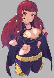 Rule 34 | 1girl, black cape, bodysuit, breasts, cape, cleavage, clothing cutout, facial mark, fire emblem, fire emblem engage, hair ornament, highres, large breasts, long hair, looking at viewer, nintendo, pera, red eyes, red hair, side cutout, simple background, smile, solo, star (symbol), star facial mark, star hair ornament, yunaka (fire emblem)