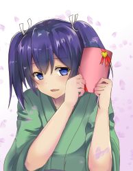 Rule 34 | 1girl, blue eyes, blue hair, blush, box, commentary request, gift, gift box, hair ribbon, highres, holding, holding box, japanese clothes, kantai collection, kimono, looking at viewer, petals, ribbon, short hair, simple background, smile, solo, souryuu (kancolle), syun3783, twintails, upper body, valentine, white background