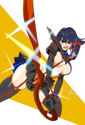 Rule 34 | 1girl, ass, bad id, bad twitter id, black gloves, black hair, blue eyes, breasts, gloves, holding, holding weapon, kikomo, kill la kill, matoi ryuuko, open mouth, pleated skirt, red hair, revealing clothes, scissor blade (kill la kill), skirt, solo, sparkle, suspenders, teeth, thighhighs, two-handed, underboob, weapon