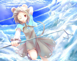 Rule 34 | 1girl, animal ears, capelet, cloud, day, dowsing rod, female focus, flying, forehead, highres, jewelry, light rays, mouse ears, mouse tail, nazrin, one eye closed, pendant, red eyes, sakura ani, short hair, sky, smile, solo, sunbeam, sunlight, tail, touhou, wink