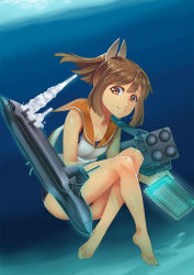 Rule 34 | 10s, 1girl, bare shoulders, breasts, brown eyes, brown hair, cleavage, full body, hiememiko, highres, i-401 (kancolle), kantai collection, looking at viewer, military, military vehicle, ponytail, school swimsuit, short hair, short ponytail, solo, submarine, swimsuit, swimsuit under clothes, torpedo, underwater, watercraft