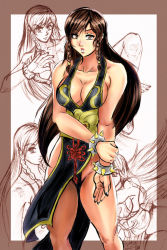Rule 34 | 1girl, alternate costume, bracelet, breasts, brown eyes, brown hair, capcom, china dress, chinese clothes, chun-li, dress, jewelry, large breasts, legs, lipstick, long hair, looking at viewer, makeup, outline, personification, ponytail, poses, sexually suggestive, sketch, spiked bracelet, spikes, street fighter, street fighter v