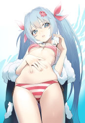 Rule 34 | 1girl, bikini, blue eyes, from below, hair ornament, hatsune miku, highres, jacket, octopus, open mouth, red bikini, ribbon, rsk (tbhono), solo, striped bikini, striped clothes, swimsuit, twintails, vocaloid