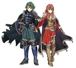 Rule 34 | 1boy, 1girl, absurdres, alm (fire emblem), armor, breasts, cape, celica (fire emblem), cleavage, closed mouth, earrings, ebinku, fingerless gloves, fire emblem, fire emblem echoes: shadows of valentia, gloves, green eyes, green hair, holding hands, highres, jewelry, long hair, medium breasts, nail polish, nintendo, red eyes, red hair, scabbard, sheath, sheathed, shield, short hair, simple background, smile, sword, weapon, white background