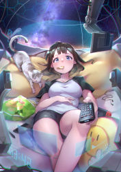 Rule 34 | absurdres, blue eyes, breasts, brown hair, cat, chips (food), cockpit, collarbone, controller, food, highres, holographic monitor, lying, mr.lime, nintendo switch, on back, original, pillow, potato chips, raglan sleeves, reclining, remote control, shirt, short hair, shorts, solo, space, t-shirt, watching television