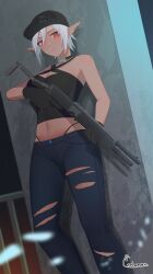 Rule 34 | 1girl, artist name, bare shoulders, baseball cap, black choker, black gloves, black hat, blue pants, breasts, choker, cleavage, closed mouth, commentary request, commission, crop top, dark-skinned female, dark skin, denim, earrings, elf, expressionless, feet out of frame, gloves, gun, hair between eyes, halterneck, hat, highleg, highres, holding, holding gun, holding weapon, jeans, jewelry, medium breasts, midriff, navel, necklace, original, pants, phantasy star, phantasy star online 2, phantasy star online 2 new genesis, pointy ears, red eyes, short hair, shotgun, signature, skeb commission, solo, standing, tebamaru, torn clothes, torn jeans, torn pants, weapon, white hair