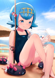 Rule 34 | 10s, 1girl, bad id, bad pixiv id, bare arms, bare legs, bare shoulders, barefoot, blue eyes, blue hair, blue sky, blunt bangs, blush, child, closed mouth, cloud, creatures (company), crossed legs, day, feet, fishbowl, fishing rod, flat chest, game freak, gen 7 pokemon, hairband, hideousbeing, lana (pokemon), nintendo, one-piece swimsuit, outdoors, poke ball, pokemon, pokemon (anime), pokemon (creature), pokemon sm, pyukumuku, short hair, sitting, sky, smile, swimsuit, trial captain, water, wishiwashi, wishiwashi (solo)