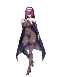 Rule 34 | 1girl, bare shoulders, bikini, black bikini, black footwear, black thighhighs, blindfold, bodystocking, breasts, chain paradox, character request, closed mouth, cocytus (wind master), covered eyes, covered navel, full body, habit, high heels, large breasts, long sleeves, nun, purple hair, short hair, single thighhigh, smile, solo, standing, swimsuit, thigh strap, thighhighs, transparent background