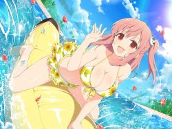 Rule 34 | 1girl, bare shoulders, beach, bikini, breasts, cleavage, crossover, dead or alive, floral print, hair ornament, honoka (doa), large breasts, light rays, long hair, looking at viewer, navel, ocean, official art, one side up, open mouth, outdoors, petals, pink eyes, pink hair, print bikini, senran kagura, senran kagura new link, short hair, sidelocks, skull hair ornament, solo, straddling, sunlight, swimsuit, tree, water, waves, wet, white bikini, yaegashi nan