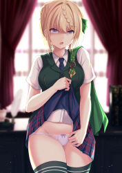 Rule 34 | 1girl, blonde hair, blue necktie, blurry, blurry background, bow, bow panties, braid, braided bangs, braided bun, breasts, cape, clothes lift, commentary request, curtains, green cape, green thighhighs, green vest, hair between eyes, hair bun, highres, indoors, kantai collection, kuroame (kurinohana), necktie, open mouth, panties, perth (kancolle), plaid, plaid skirt, pleated skirt, purple eyes, school uniform, shaded face, shirt, short hair, short sleeves, skirt, skirt lift, solo, thighhighs, underwear, vest, white shirt, window