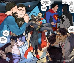 Rule 34 | 2boys, bara, batman, batman (series), bed, black cape, black gloves, black hair, black jacket, blue bodysuit, blue eyes, blush, bodysuit, bruce wayne, cape, carrying, carrying person, chamsut0905, character name, clark kent, closed mouth, collared shirt, couple, dc comics, closed eyes, glasses, gloves, grey bodysuit, grey jacket, highres, hug, hug from behind, jacket, kiss, kissing cheek, large pectorals, looking at another, male focus, mask, multiple boys, multiple views, muscular, muscular male, necktie, necktie grab, neckwear grab, on bed, one eye closed, open clothes, open jacket, open mouth, pectorals, pillow, princess carry, red cape, scar, scar on chest, shirt, short hair, smile, superman, superman (series), white shirt, yaoi