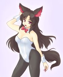 Rule 34 | 1girl, animal ears, bare arms, bare shoulders, black hair, black pantyhose, breasts, cleavage, detached sleeves, imaizumi kagerou, isaki (gomi), leotard, long hair, looking at viewer, nontraditional playboy bunny, open mouth, pantyhose, pink eyes, playboy bunny, red eyes, simple background, solo, tail, touhou, very long hair, wolf ears, wolf tail, wrist cuffs