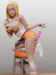 Rule 34 | 1girl, 3d, :q, anal beads, bad id, bad pixiv id, bar stool, bare arms, bare shoulders, blonde hair, blue eyes, borrowed character, brand name imitation, breasts, dark-skinned female, dark skin, delightfully fuckable and unrefined!!, feet out of frame, full body, gradient background, grey background, hand on own ass, highres, hooters, implied anal, implied object insertion, large breasts, leslyzerosix, long hair, looking at viewer, loose socks, mari (delightfully fuckable and unrefined!!), medium breasts, name tag, on one knee, orange shorts, original, parted bangs, sex toy, shirt, short shorts, shorts, simple background, sleeveless, sleeveless shirt, smile, socks, solo, stool, tongue, tongue out, uniform, white footwear, white socks