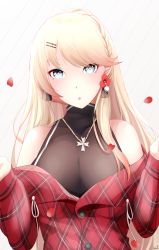 Rule 34 | 1girl, azur lane, blonde hair, blue eyes, braid, breasts, cleavage, cross, cross necklace, earrings, flower earrings, gzsd, hands up, highres, howe (azur lane), howe (noble rouge) (azur lane), jewelry, long hair, looking at viewer, medium breasts, necklace, open mouth, petals, plaid, plaid shirt, shirt, simple background, single braid, solo