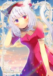 Rule 34 | 1girl, animal ears, arm behind head, arm up, blush, bow, breasts, cat ears, cat girl, cat tail, closed mouth, collared dress, commentary request, commission, dress, facial mark, final fantasy, final fantasy xiv, grey hair, hair bow, heterochromia, kou hiyoyo, long hair, looking at viewer, medium breasts, miqo&#039;te, pleated dress, puffy short sleeves, puffy sleeves, purple eyes, red bow, red dress, red eyes, short sleeves, skeb commission, smile, solo, tail, tail raised, warrior of light (ff14), whisker markings