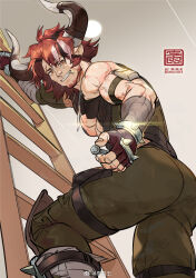 Rule 34 | 1boy, animal ears, arknights, ass, bara, beard stubble, climbing ladder, cow boy, cow ears, cow horns, dog tags, facial hair, feet out of frame, fingerless gloves, from below, glint, gloves, grin, highres, holding, horns, humus (arknights), jumpsuit, large horns, large pectorals, looking at viewer, male focus, mature male, mechanic, mouth hold, multicolored hair, muscular, muscular male, nipples, pectoral cleavage, pectorals, red hair, screw, screw in mouth, short hair, smile, streaked hair, stubble, sweat, thick eyebrows, thighs, veins, veiny arms, very sweaty, wttao (wttao0213)