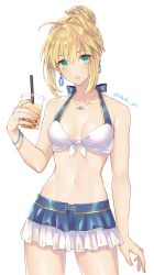 Rule 34 | 1girl, alternate costume, artoria pendragon (all), artoria pendragon (fate), bikini, blonde hair, blue bikini, breasts, bubble tea, collarbone, cup, disposable cup, drinking straw, earrings, fate/stay night, fate (series), frilled bikini, frills, green eyes, highres, holding, holding cup, jewelry, looking at viewer, medium breasts, necklace, orii (orii i), saber (fate), short hair, sidelocks, simple background, solo, swimsuit, twitter username, two-tone bikini, white background, white bikini