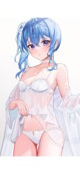 Rule 34 | 1girl, babydoll, bare shoulders, blue eyes, blue hair, blue nails, blush, breasts, choker, closed mouth, collarbone, cropped legs, dress, earrings, hair between eyes, highres, hololive, hoshimachi suisei, jewelry, lingerie, long hair, looking at viewer, midriff, navel, nightgown, panties, ribbon, sanada keisui, see-through, side ponytail, skirt hold, small breasts, solo, star (symbol), star earrings, star in eye, symbol in eye, thigh gap, thighs, underwear, virtual youtuber, white background, white panties