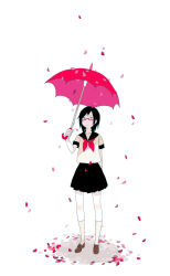 Rule 34 | 1girl, arm behind back, black hair, black sailor collar, brown footwear, closed mouth, falling petals, full body, glasses, highres, holding, holding umbrella, loafers, mole, mole under eye, neckerchief, nora (kukumaka23), original, petals, red neckerchief, red umbrella, sailor collar, school uniform, serafuku, shoes, short hair, simple background, socks, solo, standing, umbrella, uniform, white background, white serafuku, white socks