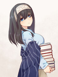 Rule 34 | 1girl, black hair, blue eyes, blue shirt, blush, book, book stack, breast rest, breasts, carried breast rest, carrying, cropped torso, grey background, grey hairband, hair between eyes, hairband, holding, holding book, idolmaster, idolmaster cinderella girls, long hair, long sleeves, looking at viewer, looking to the side, medium breasts, parted lips, revision, sagisawa fumika, shawl, shirt, simple background, sleeves past wrists, solo, uccow, upper body