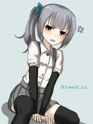 Rule 34 | 10s, 1girl, anger vein, arm warmers, black thighhighs, blush, brown eyes, collared shirt, fang, grey skirt, hair ribbon, kantai collection, kasumi (kancolle), looking at viewer, open mouth, pleated skirt, ribbon, shirt, side ponytail, silver hair, sitting, skirt, solo, suspenders, thighhighs, twitter username, v arms, wavy mouth, yakob labo