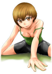 Rule 34 | 1girl, atlus, bike shorts, breasts, brown eyes, brown hair, cleavage, downblouse, exercising, face, foreshortening, highres, ikusa ryuuji, lips, looking at viewer, off shoulder, persona, persona 4, satonaka chie, short hair, simple background, solo, spaghetti strap, strap slip, stretching, tank top