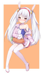 Rule 34 | 1girl, animal ears, azur lane, bad id, bad pixiv id, blush, boots, border, carrot, commentary, headband, highres, irokari, jacket, knees together feet apart, laffey (azur lane), long hair, looking at viewer, nose blush, orange background, pink jacket, rabbit ears, red eyes, shirt, sidelocks, single bare shoulder, sitting, skirt, sleeves past wrists, solo, thigh boots, thighhighs, twintails, very long hair, white border, white hair, white shirt, zettai ryouiki