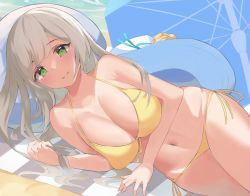 Rule 34 | 1girl, ball, bare arms, bare shoulders, beach, beach towel, beach umbrella, beachball, bikini, blue archive, breasts, cleavage, closed mouth, front-tie bikini top, front-tie top, green eyes, grey hair, halterneck, hat, large breasts, long hair, looking at viewer, lying, mushpz, navel, nonomi (blue archive), nonomi (swimsuit) (blue archive), official alternate costume, on side, pillow, side-tie bikini bottom, smile, solo, stomach, string bikini, sun hat, swimsuit, thighs, towel, umbrella, unworn hat, unworn headwear, white hat, yellow bikini