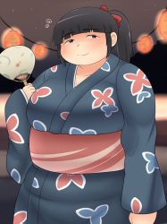 Rule 34 | 1girl, black hair, blush, breasts, fat, female focus, hand fan, huge breasts, japanese clothes, kimono, obese, shimejix, solo
