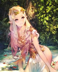 Rule 34 | 1girl, barefoot, blonde hair, day, dress, head wreath, highres, isaac hein iii, kneeling, lips, long hair, on ground, original, outdoors, partially submerged, pointy ears, purple eyes, smile, solo, tree, water