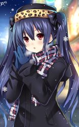 Rule 34 | black hair, coat, cold, condensation, gloves, hat, highres, lewdkuma, lights, long hair, neptune (series), night, noire (neptunia), open mouth, red eyes, ribbon, scarf, snow, snowing, tsundere, twintails, winter