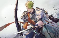 Rule 34 | 1boy, 1girl, achilles (fate), animal ears, armor, atalanta (fate), atalanta alter (fate), atalanta alter (first ascension) (fate), collar, dark persona, darkavey, fate/apocrypha, fate/grand order, fate (series), green eyes, highres, long hair, looking to the side, manly, open mouth, polearm, silver hair, spear, weapon, yellow eyes