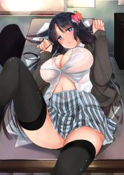 Rule 34 | 1girl, black hair, blue eyes, blush, breasts, cleavage, flower, hair flower, hair ornament, highres, ichiko (ichi), large breasts, long hair, looking at viewer, lying, navel, on back, open mouth, school uniform, see-through, solo, thighhighs, wet, wet clothes