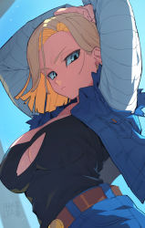Rule 34 | 1girl, absurdres, android 18, arm on own head, arms up, artist logo, belt, belt buckle, black shirt, blonde hair, blue eyes, blue sky, breasts, brown belt, buckle, denim, denim jacket, denim skirt, denim vest, dragon ball, dragonball z, dutch angle, earrings, frown, hata4564, highres, jacket, jewelry, large breasts, long sleeves, looking down, shirt, short hair, skirt, sky, solo, striped sleeves, torn clothes, torn shirt, upper body