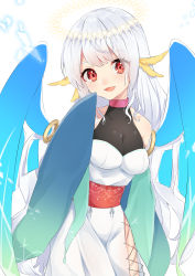 Rule 34 | 1girl, :d, abe suke, absurdres, bare shoulders, blue wings, breasts, copyright request, dress, fangs, glowing, halo, halter dress, halterneck, head wings, highres, long hair, medium breasts, open mouth, red eyes, sash, silver hair, sleeveless, sleeveless dress, smile, solo, very long hair, virtual youtuber, white background, white dress, wings, yellow wings