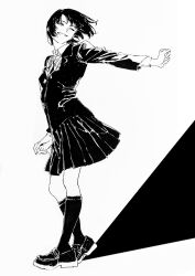 Rule 34 | 1girl, blazer, bow, bowtie, closed eyes, collared shirt, greyscale, highres, jacket, kgeroua, kneehighs, loafers, long sleeves, monochrome, original, outstretched arm, parted lips, pleated skirt, school uniform, shirt, shoes, short hair, skirt, smile, socks, solo