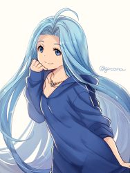 Rule 34 | 1girl, ahoge, alternate costume, bad id, bad pixiv id, blue eyes, blue hair, gem, granblue fantasy, hand on own cheek, hand on own face, hood, hoodie, jewelry, konsui (grcoma), long hair, lyria (granblue fantasy), neck, necklace, simple background, smile, solo, twitter username