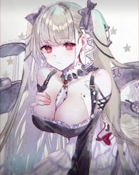 Rule 34 | 1girl, azur lane, bare shoulders, between breasts, breasts, cleavage, closed mouth, collarbone, commentary request, dated, detached sleeves, dress, formidable (azur lane), haduki tohru, hair ribbon, hand on own chest, highres, large breasts, leaning forward, long hair, long sleeves, looking at viewer, red eyes, ribbon, silver hair, solo, star (symbol), twintails, very long hair, white dress