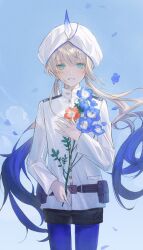 Rule 34 | 1boy, absurdres, aqua eyes, black shorts, blue flower, blue hair, blue pantyhose, captain nemo (fate), cloud, day, fate/grand order, fate (series), flower, gradient hair, grey hair, hair between eyes, hat feather, highres, holding, holding flower, jacket, long hair, looking at viewer, low twintails, male focus, multicolored hair, nemo (fate), outdoors, pantyhose, parted lips, petals, red flower, sherry 0014, shorts, sky, solo, turban, twintails, very long hair, white headwear, white jacket