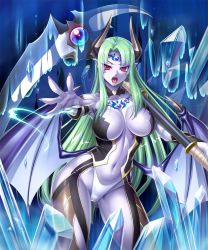 Rule 34 | 00s, 1girl, alternate form, blue skin, breasts, colored skin, corruption, curvy, dark persona, demon girl, demon wings, fangs, fingernails, green hair, highleg, highleg panties, highres, hime cut, holding, holding weapon, kagami hirotaka, large breasts, lilith-soft, long hair, looking at viewer, navel, open mouth, panties, pointy ears, red eyes, revealing clothes, scythe, shiny skin, standing, taimanin (series), taimanin asagi, taimanin asagi kessen arena, thong, underwear, very long hair, weapon, wings, yatsu murasaki