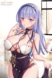 Rule 34 | 1girl, artist name, azur lane, bare arms, bare shoulders, between breasts, black choker, black hairband, blue hair, blunt bangs, blush, breasts, choker, cleavage, covered navel, cowboy shot, dido (anxious bisque doll) (azur lane), dido (azur lane), dress, hairband, highres, hwansang jungdog, large breasts, looking at viewer, mouth hold, official alternate costume, pelvic curtain, purple dress, purple eyes, skirt hold, sleeveless, sleeveless dress, solo, sparkle, thighs, twitter username