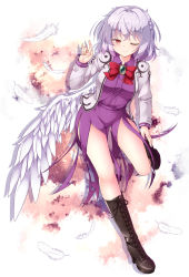 Rule 34 | 1girl, aka tawashi, black footwear, boots, bow, bowtie, closed mouth, commentary request, cross-laced footwear, dress, feathers, full body, hand up, highres, kishin sagume, light purple hair, long sleeves, looking at viewer, one eye closed, panties, panty peek, purple dress, red bow, red bowtie, red eyes, short hair, single wing, smile, solo, standing, standing on one leg, thighs, touhou, underwear, white panties, wings