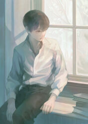 Rule 34 | 1boy, black pants, book, book stack, brown eyes, brown hair, closed mouth, collared shirt, commentary, crossed bangs, dress shirt, highres, hotatenshi, looking outside, male focus, original, pants, shirt, shirt tucked in, sitting, solo, white shirt, window, window shadow, windowsill