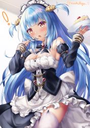 Rule 34 | 1girl, absurdres, artist name, azur lane, bare shoulders, blue hair, breasts, cake, cake slice, clam shell, cleavage, detached sleeves, dress, fake antlers, food, fork, frilled dress, frilled hairband, frills, garter straps, hairband, highres, holding, holding fork, looking at viewer, maid, makihige, medium breasts, neptune (azur lane), shell hair ornament, solo, thighhighs, underbust, white dress, white thighhighs, yellow eyes